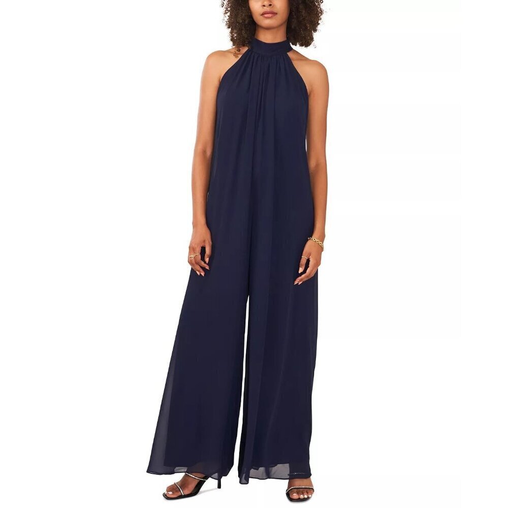 Vince Camuto Womens Size XS Chiffon Tie-Back Halter Jumpsuit in Navy Blue $119
